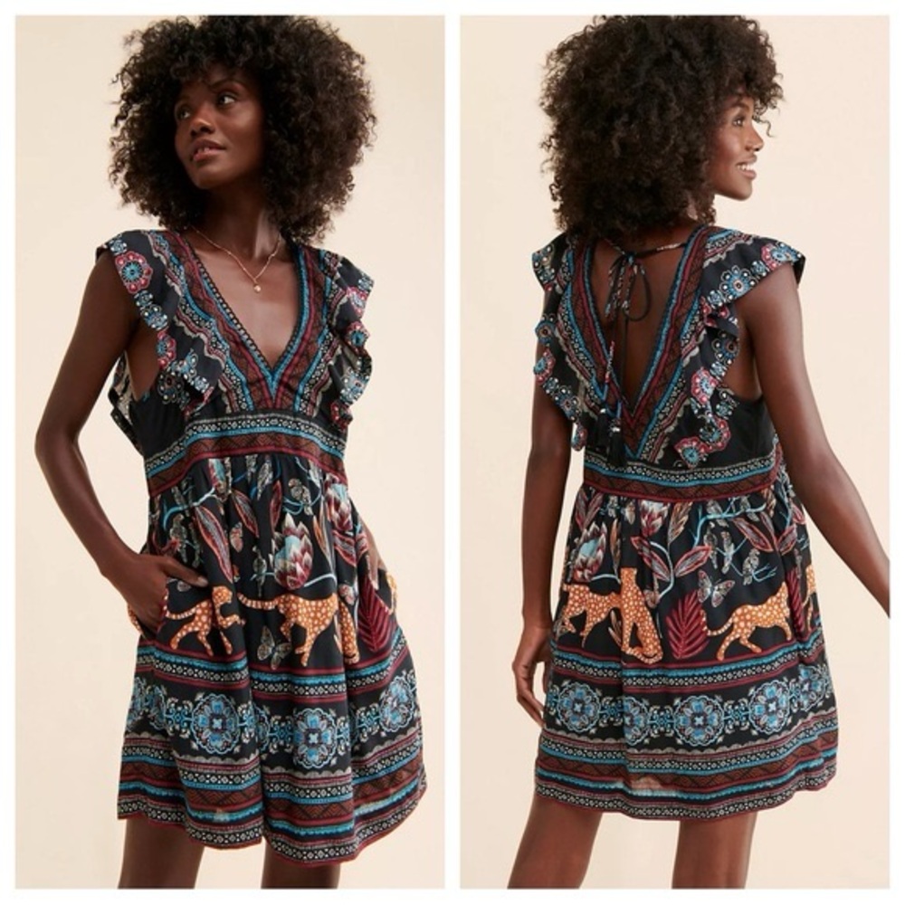 Anthropologie V-neck Plunge Ruffle Jungle Print Tunic Mini Dress Gown sz XS